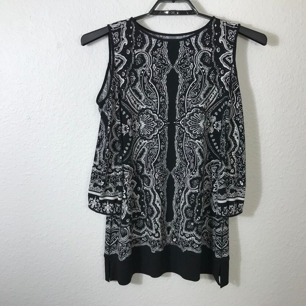 Eva Varro Size M Cold Shoulder Top 3/4 Sleeve Multicolor Polyester Blend Women's